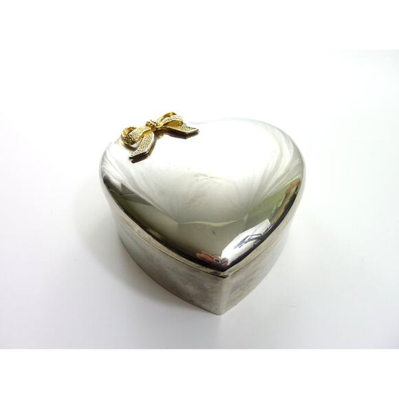 Valentine Steel silver Trinket Jewelry candy Heart Shaped Box with Metal Bow - Picture 1 of 5